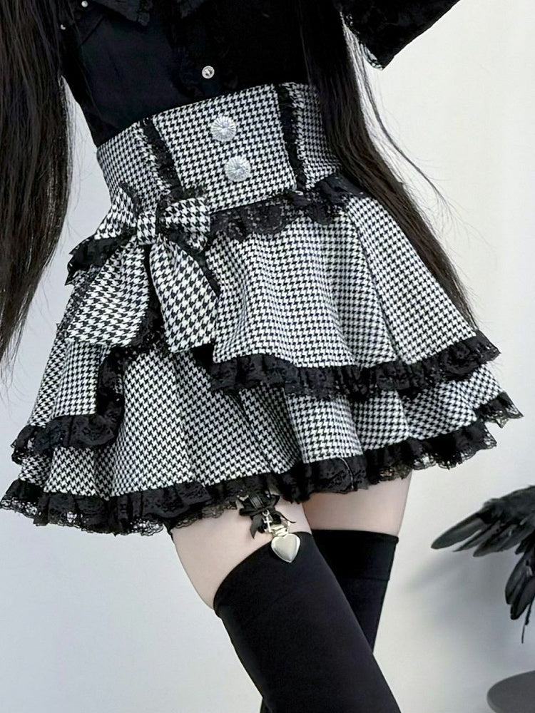 Tiered Skirt with Black Lace Trim Bowknot Embellishment Jirai Kei Houndstooth
