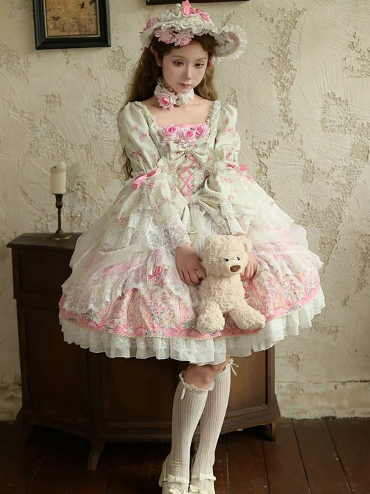 Mintgrünes Lolita-Kleid mit Rosettendruck, inspiriert von der Rokoko-Mode, quadratischer Ausschnitt, Glockenärmel, OP/komplettes Set