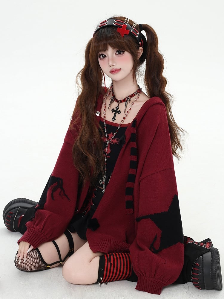 Y2K Schwarz gestreifte Strickjacke mit Hasenohren und Kapuze und V-Ausschnitt