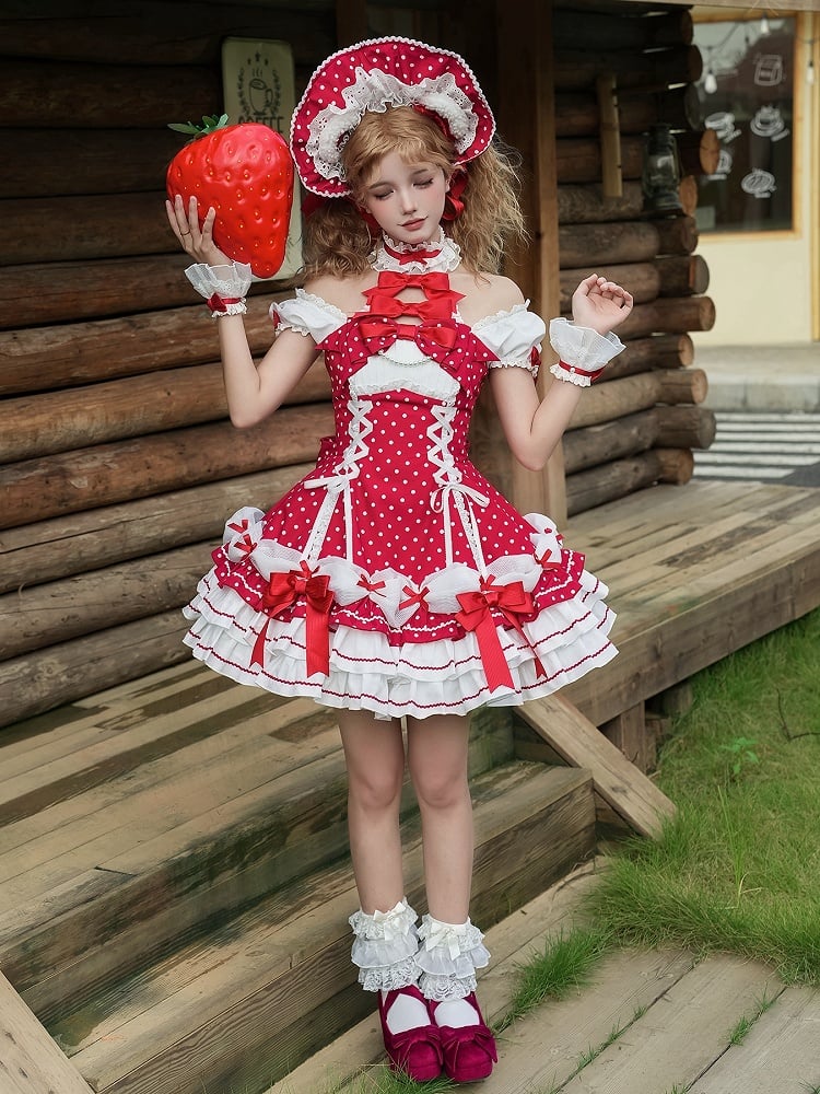 und Puffkleid mit gepunkteten Ärmeln, Schul-Polka-Lolita-Ausschnitt mit altroten Akzenten, Neckholder-Schleife