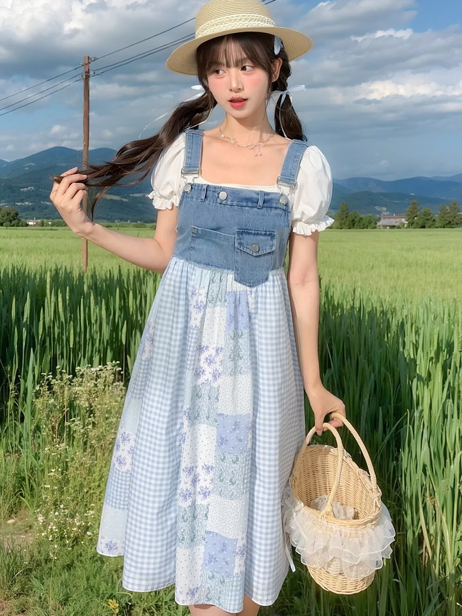 Mori Denim Overall Dress Blue Plaid and Floral Patchwork Design Kei
