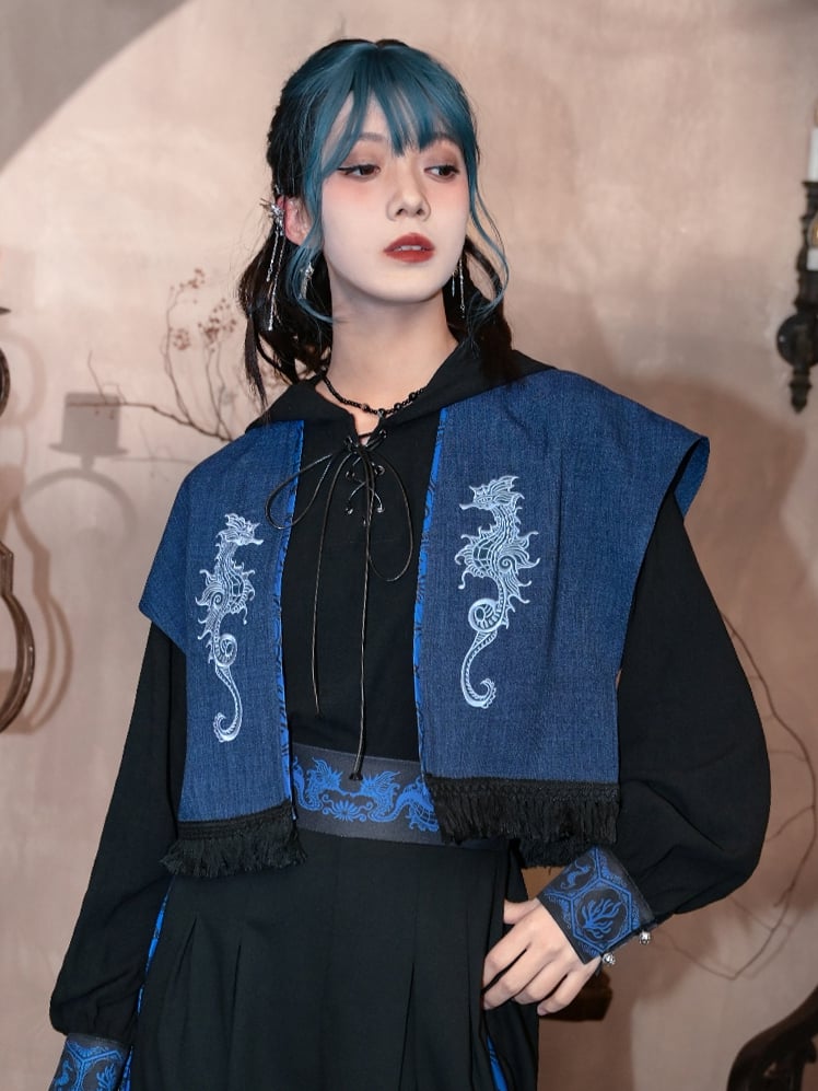 Seahorse Blue Style Cheongsam Tassel Open Hem Embroidery Top Placket