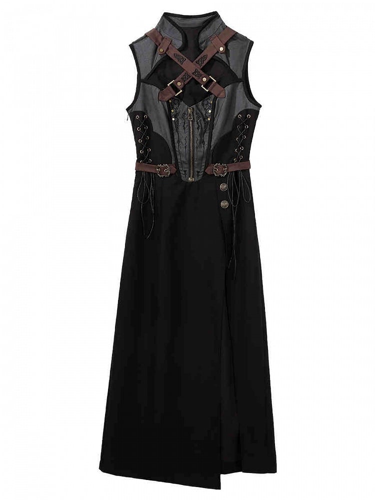 Side Collar and Buckle Straps Dress Sleeveless Banded Black Gray Crisscross Slit