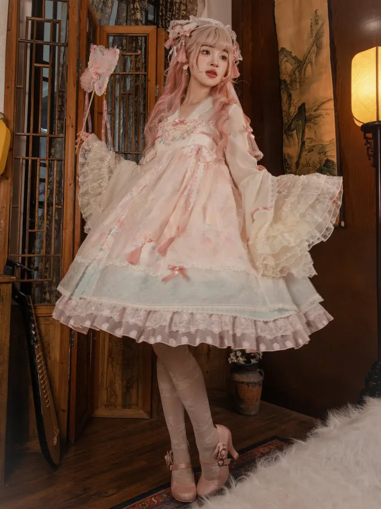 Peach and Peach Blossom Print Pink Empire Waist Han Lolita Dress
