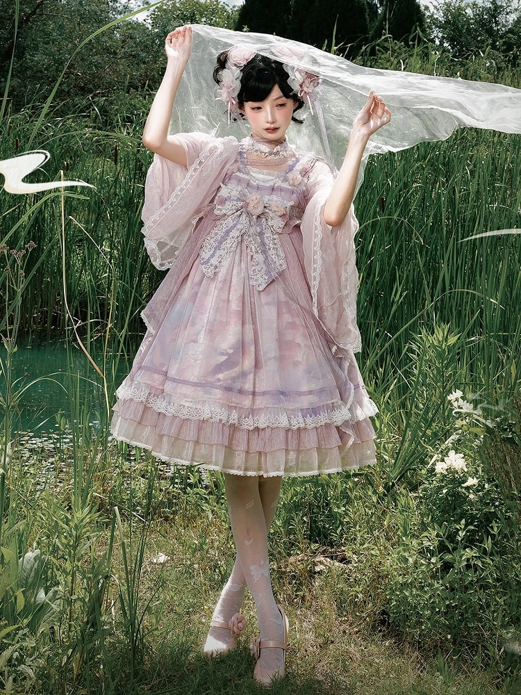 Han Bow Lolita Piece Long Pink-Purple Semi-sheer Print Sleeves Big Dress Whale Wide One