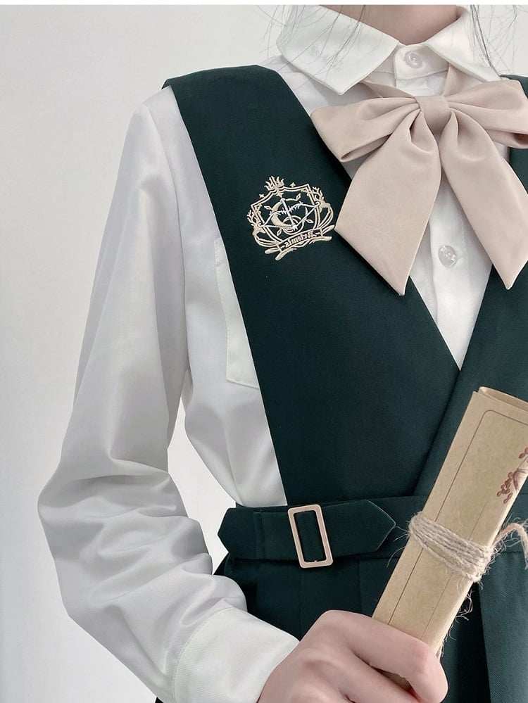 Green Belt with Embroidery 65 Preppy Overalls Box Pleat Skirt / and 70cm Dark