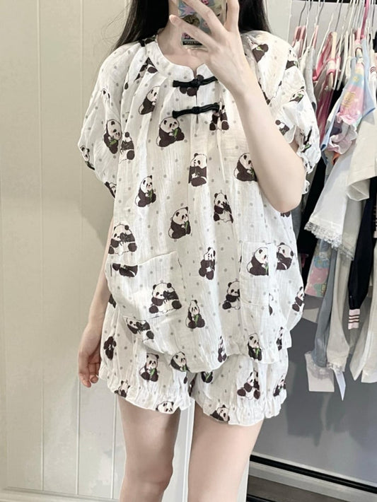 Weißes Pyjama-Set mit Panda und Punkten