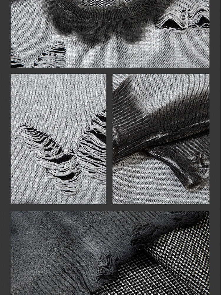 Y2K Black/Grey Butterfly Shaped Distressed Holes Round Neck Sweater