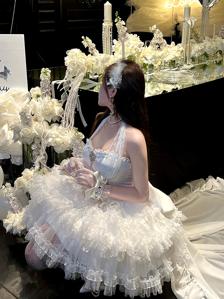 White Basque Waist Self-tie Lace Halter Neck Hanayome Lolitacore Dress