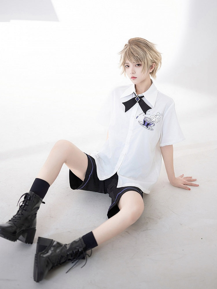 White Fashion Tea Cup Ouji Summer Embroidery Shirt Pocket
