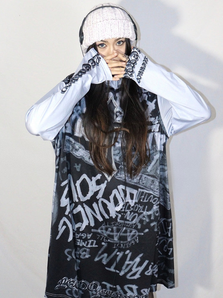 Fashion Print Gyaru Gray Letter Dress