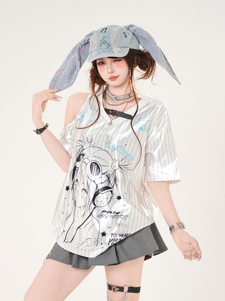 Satin-T-Shirt mit Anime-Mädchen-Print und ausgeschnittenen Schultern, weißes Muster, gestreifter V-Ausschnitt