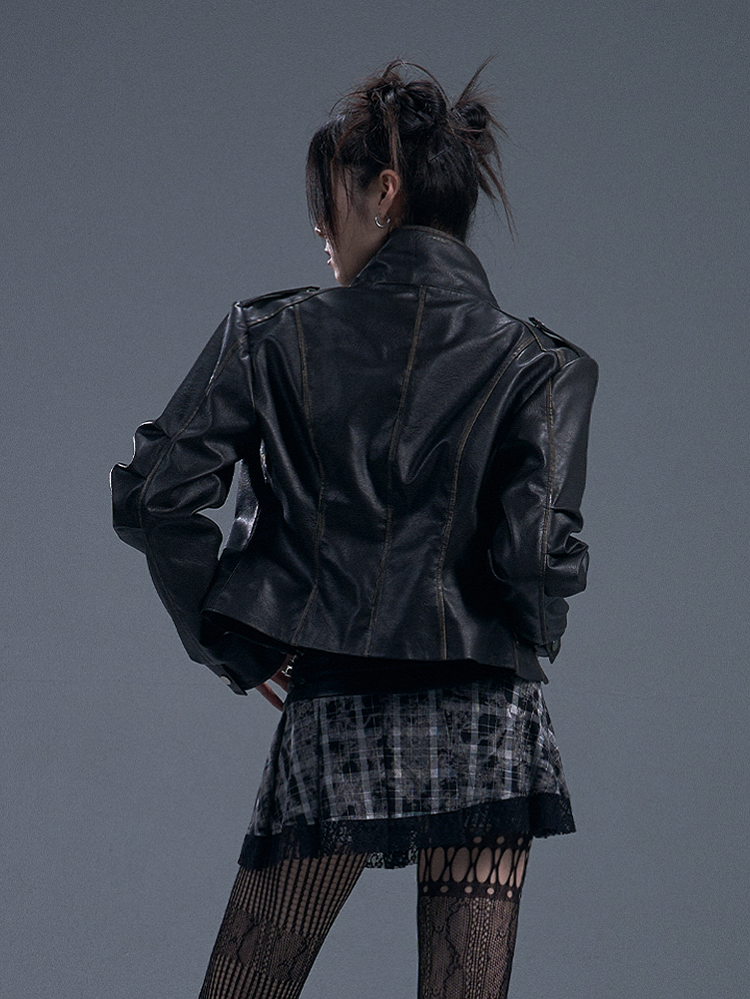 Black PU Vintage Punk Crop Jacket with Buckle Accents
