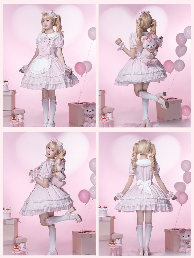 Lolita Dress Piece Accents School Pink Peter Pan Collar Bowknot Light Old One
