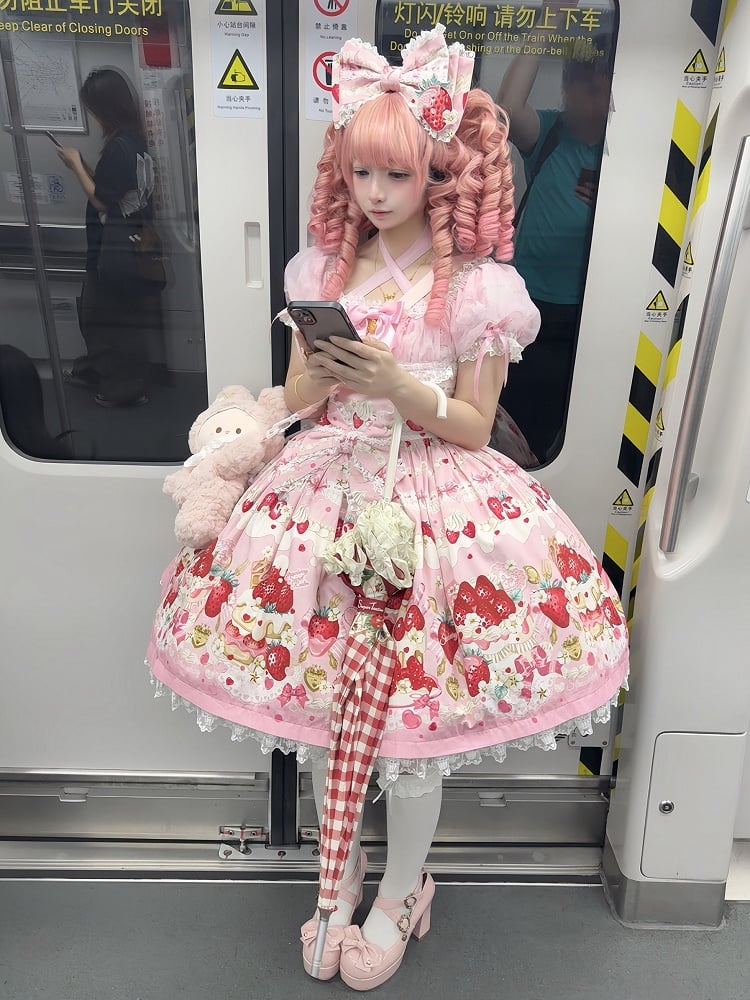 Pink Print Dress Lolita Cake Short Sleeves Sweet Strawberry
