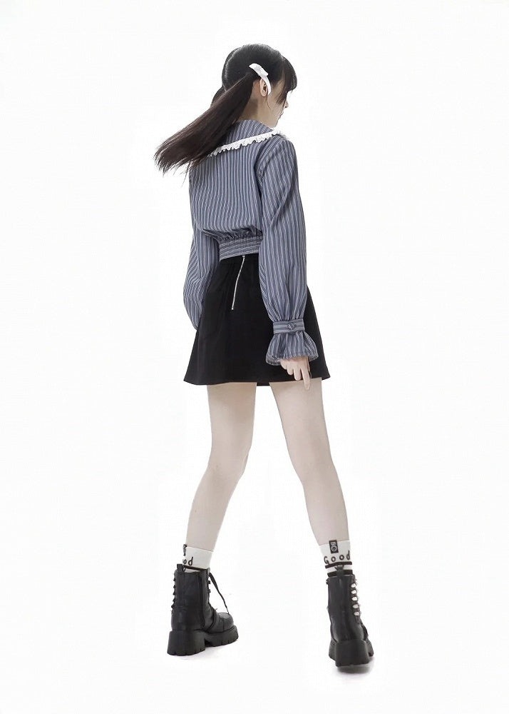 Blue&White Striped Pattern Lace Trim Peter Pan Collar Thicken Blouse