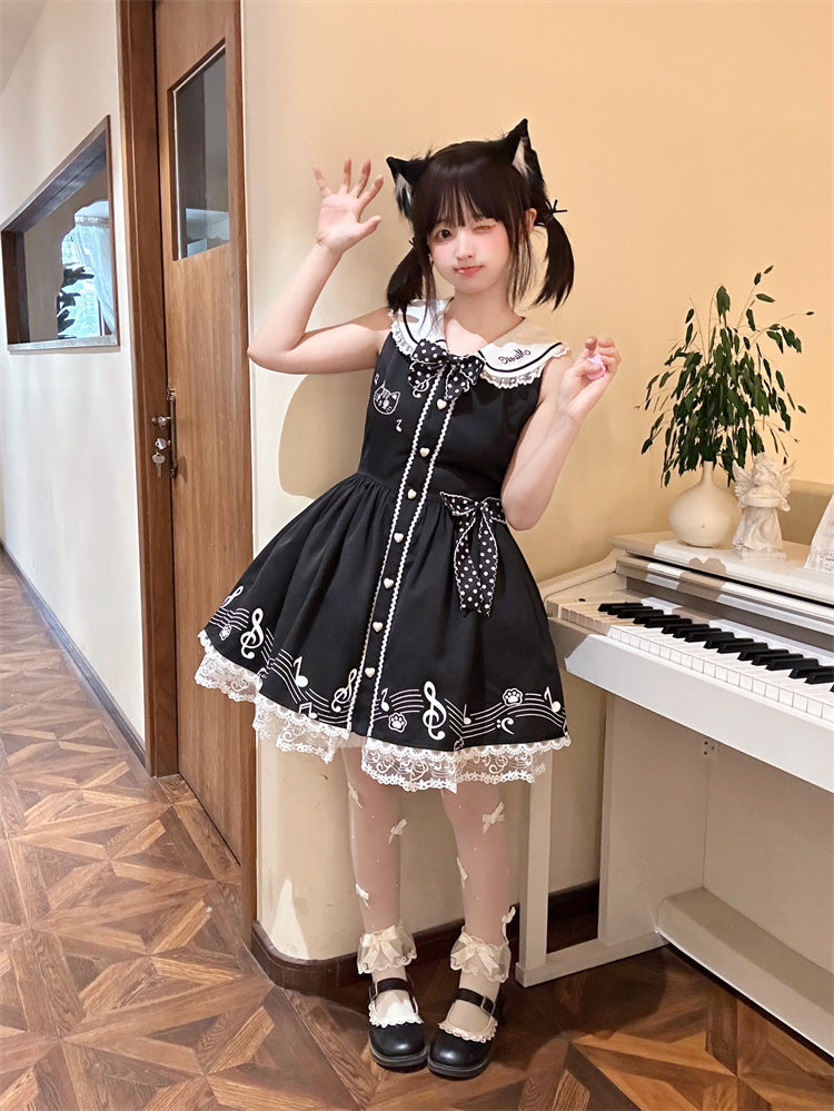 Design Sleeveless Melodic Kitty Black Sailor Collar Keyboard Dress Back