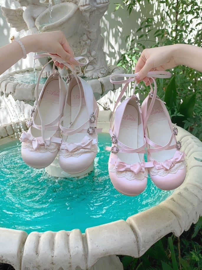 Bow Accents Lolita Sweet with Trim Wedge Crisscross Heels Lace Straps - Satin Pink