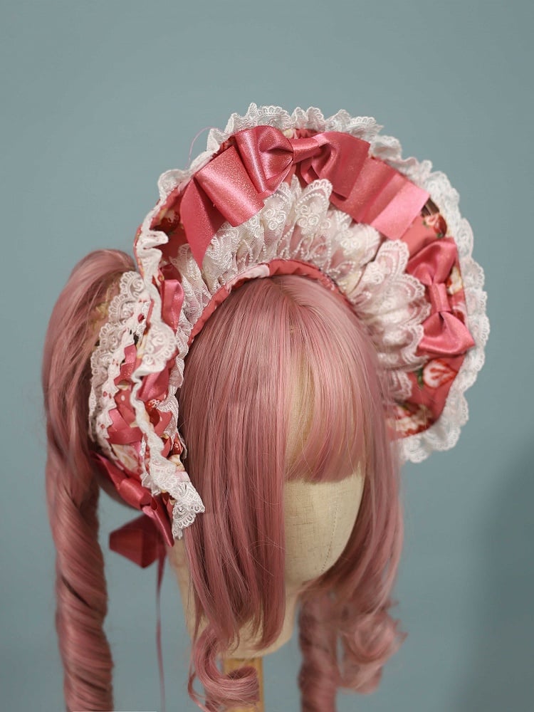 Black Sweet Bonnet Lolita / Red Strawberry with Print Pink