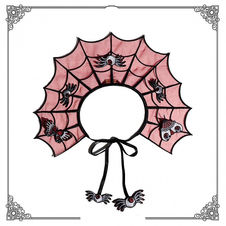 Red Spider Web Embroidery Detachable and Moth Butterfly Brooch with Fake Collar Black Organza