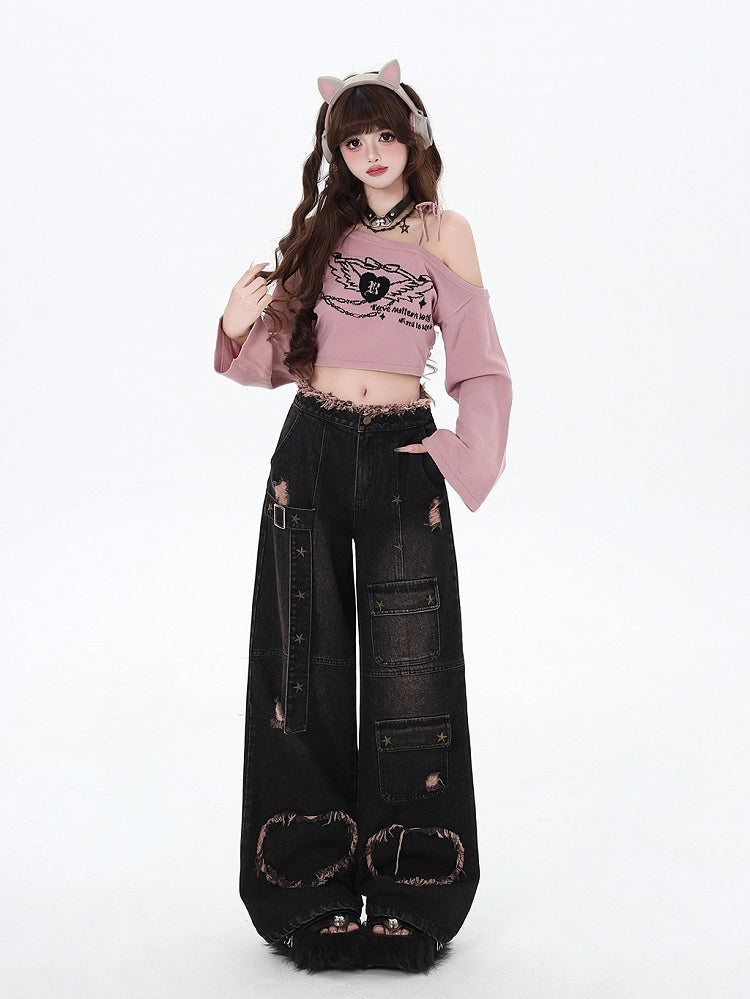 Holes Wide-leg Black Cut Distressed Y2K Jeans