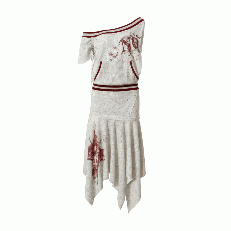 Asymmetrical Neckline Gray/White Wasteland Punk Distressed Dress