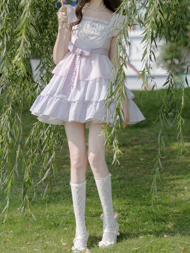 with and Skirt Belt Waist Tiered Sweet Lavender Flutter Sleeves Dress Floral Brooch