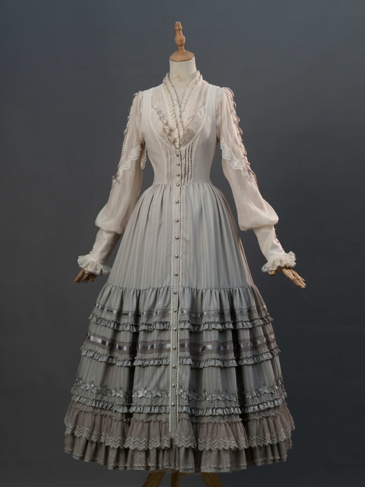 ユリの刺繍アップリケレイヤードヘムグレークラシックロリータドレスフロントボタンプラケット