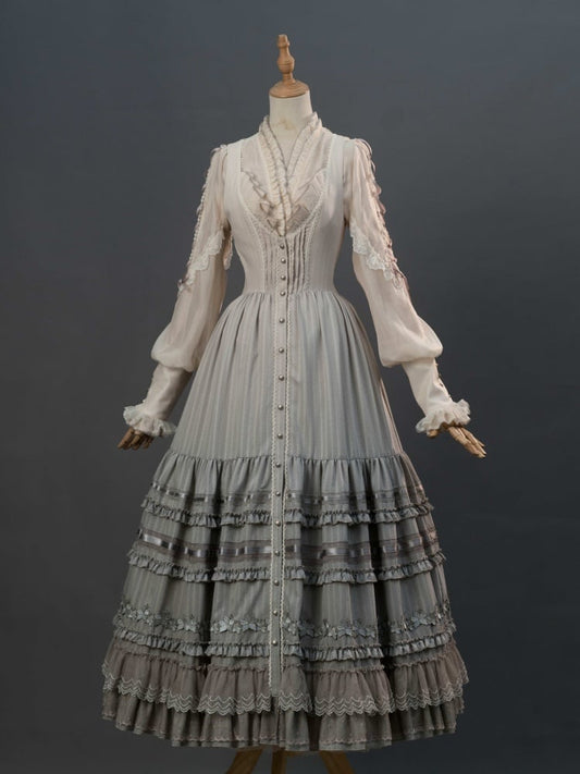 ユリの刺繍アップリケレイヤードヘムグレークラシックロリータドレスフロントボタンプラケット