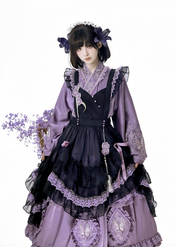 Delicate Butterfly Apron Lolita Dress Black Set Purple Han and Embroidery Full Floral +