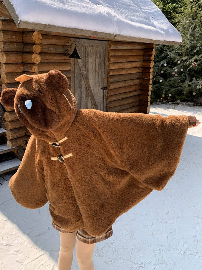 Brown Cute Capybara Hood Zip Closure Fleece Hooded Cape