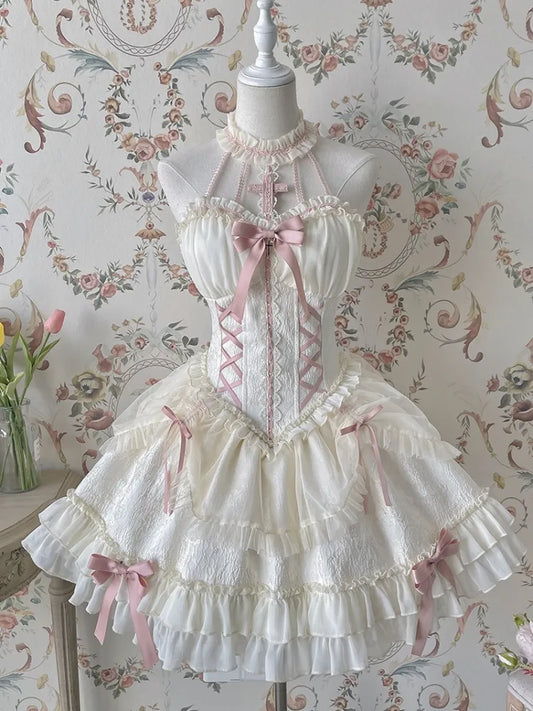 Cross Belle Elfenbein und Rosa Korsettkleid Neckholder Balletcore Lolita JSK