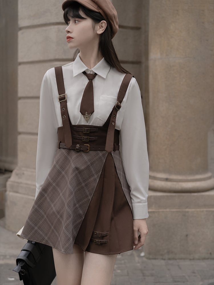 White Reaction Skirt Outfits Shirt Suspender Brown Overalls Detective Maillard Preppy / Plaid Little