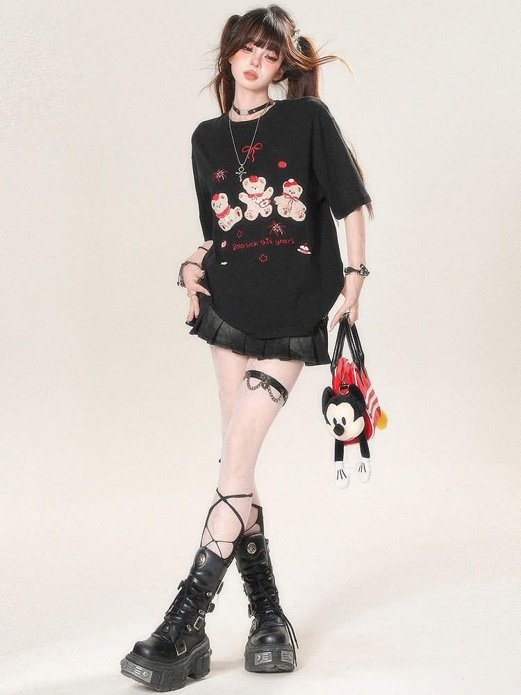 White/Black And Kawaii Daily Applique Bear Embroidery T-shirt Letter Firework