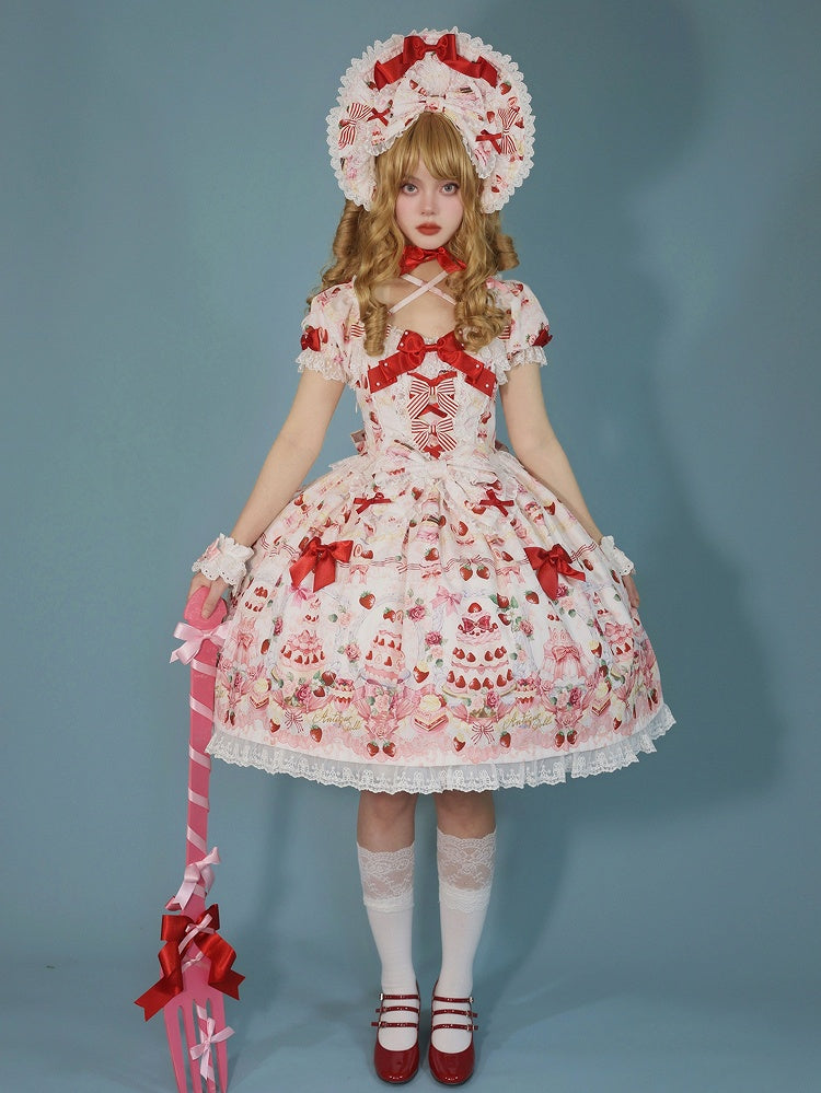 Bow Sweet Set Print White Strawberry Accents / Lolita Full Cake Dress