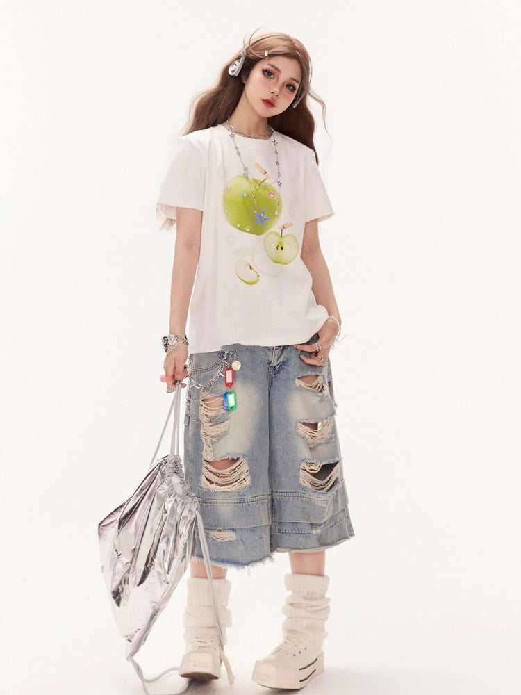 Embellished T-Shirt Green Apple Print White Round Neck Rhinestones