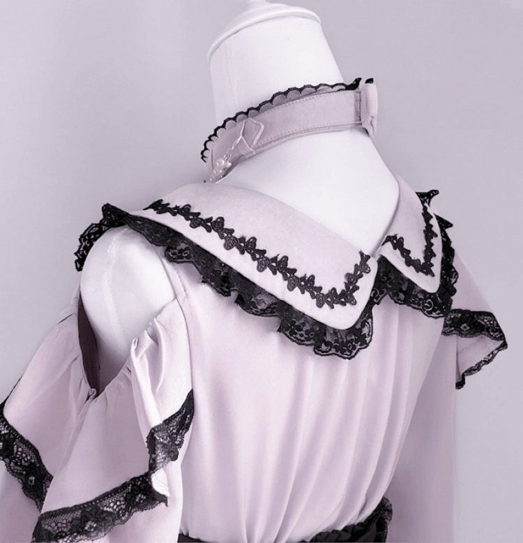 Detachable Design Choker Pink Trim Black Lace Jirai Kei Peter Pan Collar Cutout Shoulder Contrast Blouse with