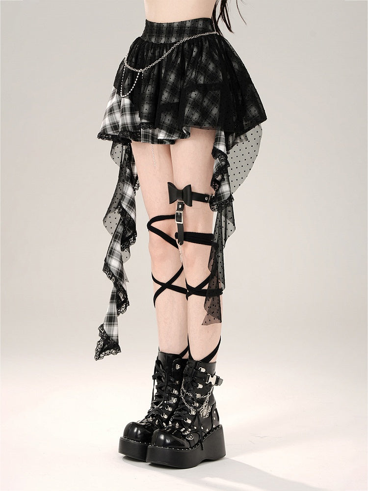 Skirt Hem Asymmetrical Mesh Patchwork Design Black Plaid Pattern Ruffled Polka-dot