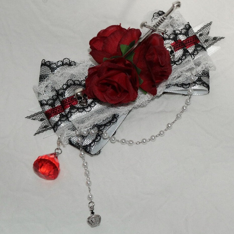 RedWhite Rosette Sword Hairclip Trim Bowknot Design Lace Decorated And Skeleton Charm Beaded