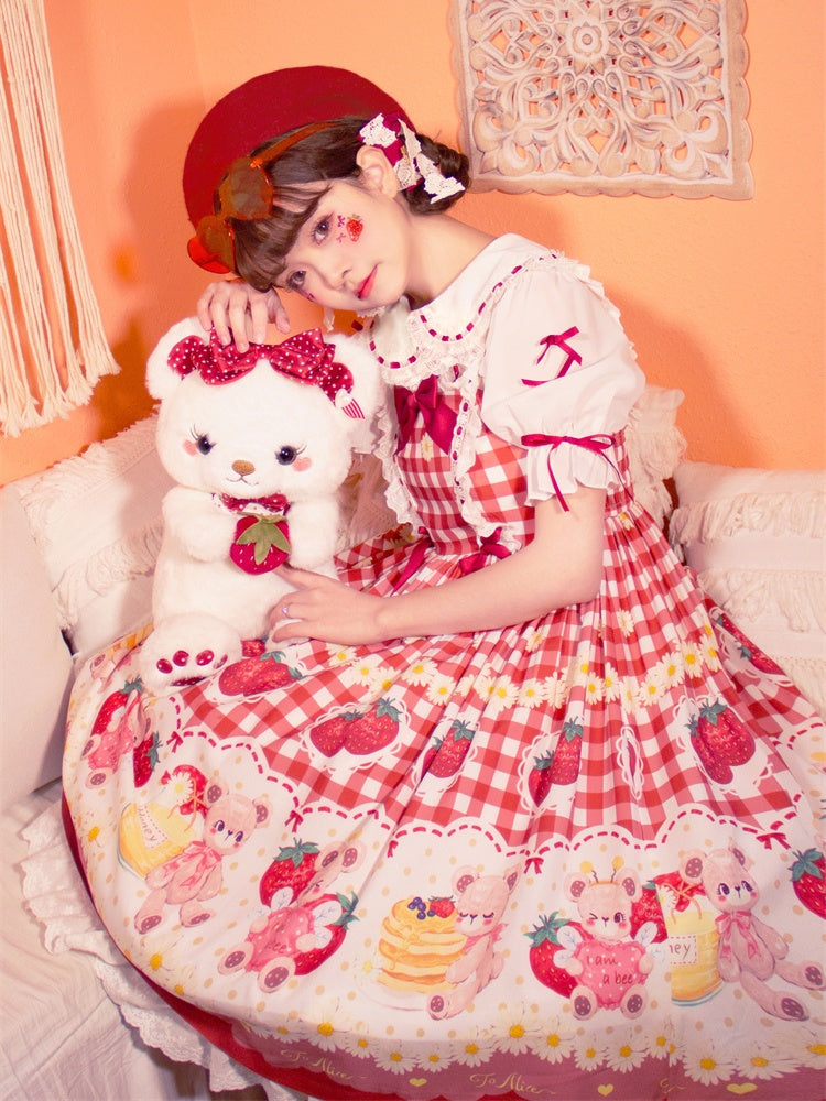Wine Red Plaid Strawberry and Bear Print Cottagecore Country Sweet Lolita Dress Jumper Skirt