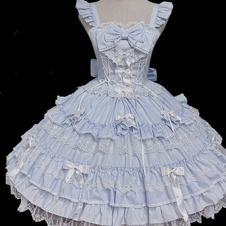 Skirt Sleeves Dress Lace-up Waist Lace Trim Blue Flutter Old School Lolita Cotton Jumper