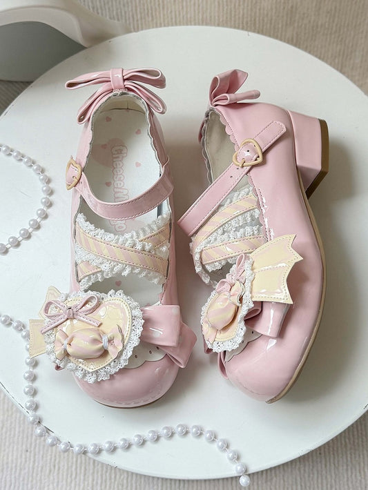 Schleifen Akzente Pink Jane PU Licht Mary Süße Schuhe mit