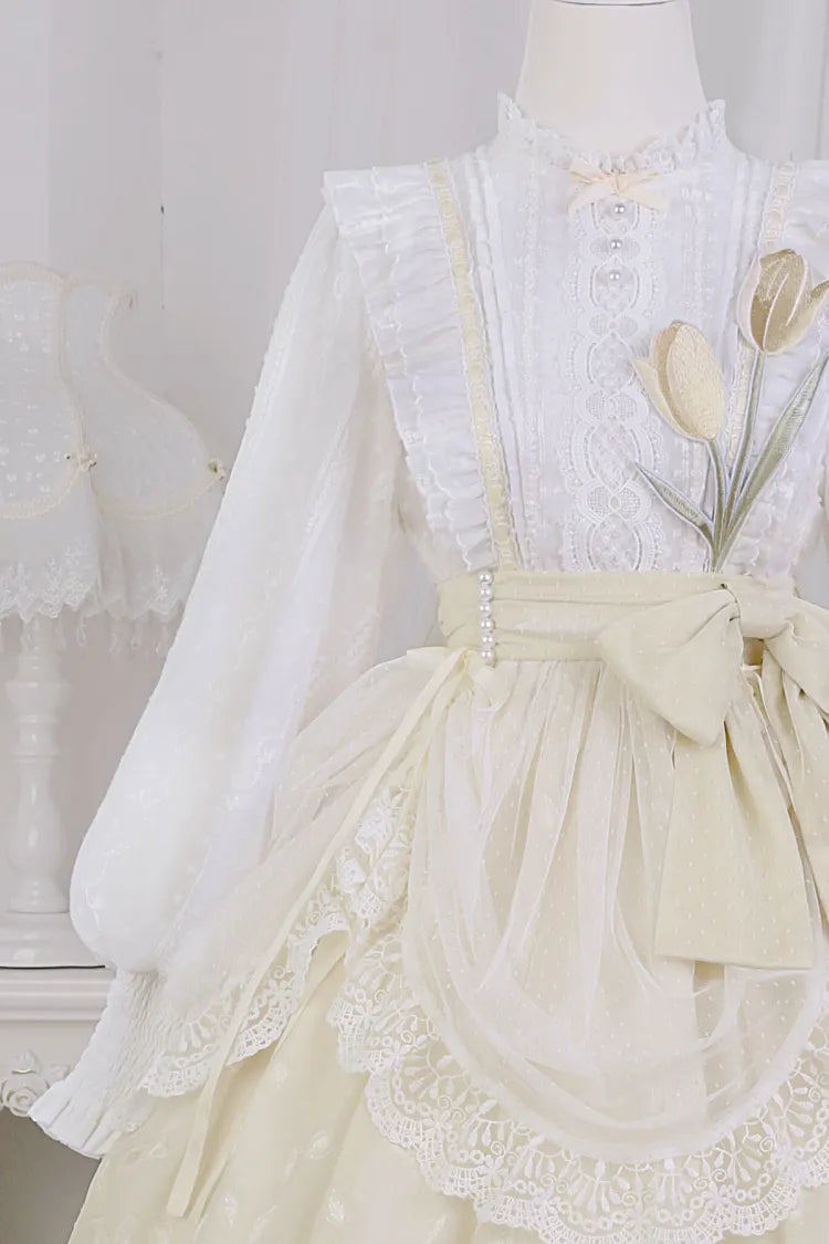White and Yellow Tulip Embroidery Applique Bodice One Piece