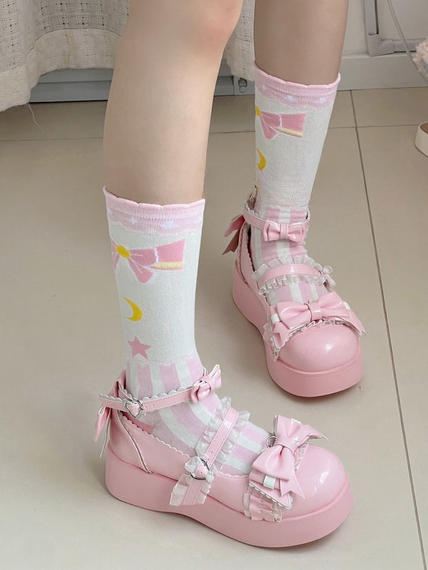 Pink Sweet Lolita Bowknot Star Moon Striped Pattern Calf Socks