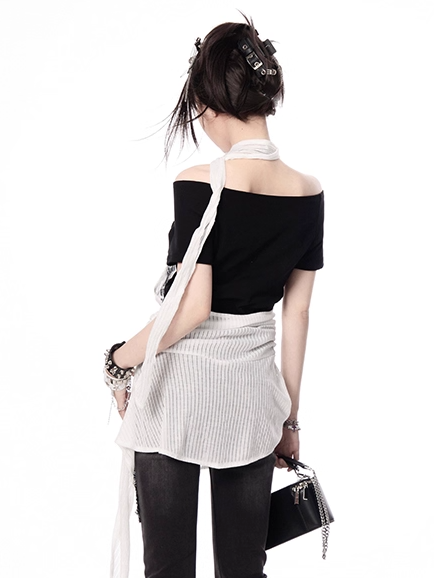 Y2K Black and White Letter Two-pieces Print Halter T-shirt