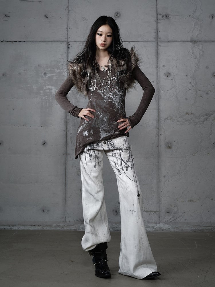 with Chain Studs Print Punk Cross Pants Button-Up Wide-Leg Fly White