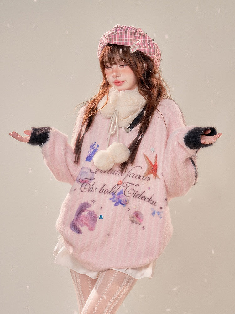 V-Neck Plush Sweater with Oceanic Prints Cozy Pink Stripes