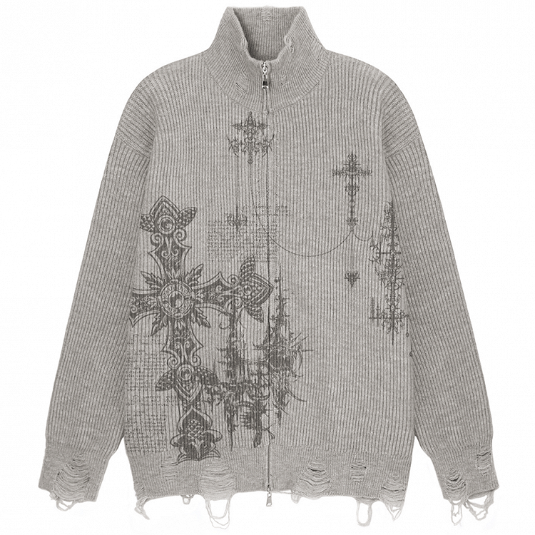 Edgy Gothic Cross Print Gray Distressed Oversized Cardigan Sweater