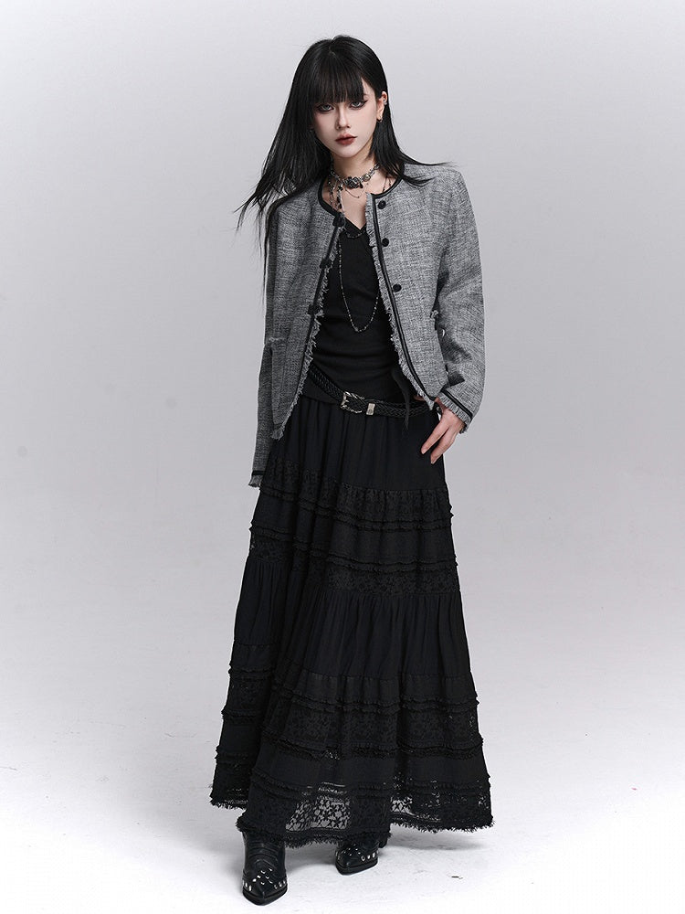 Strukturierte Trim Grau Raw PU Fall Kanten Schwarz Crop Jacke mit