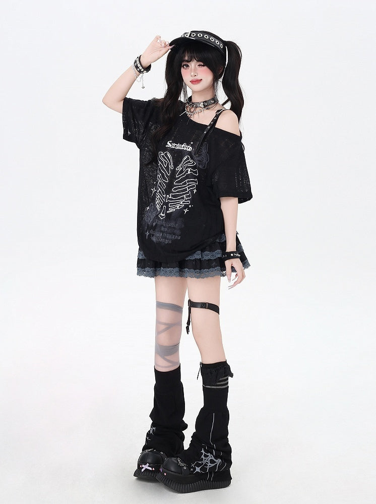 Y2K Asymmetrical Neckline Skeleton Heart Print Black/Gray/White T-Shirt
